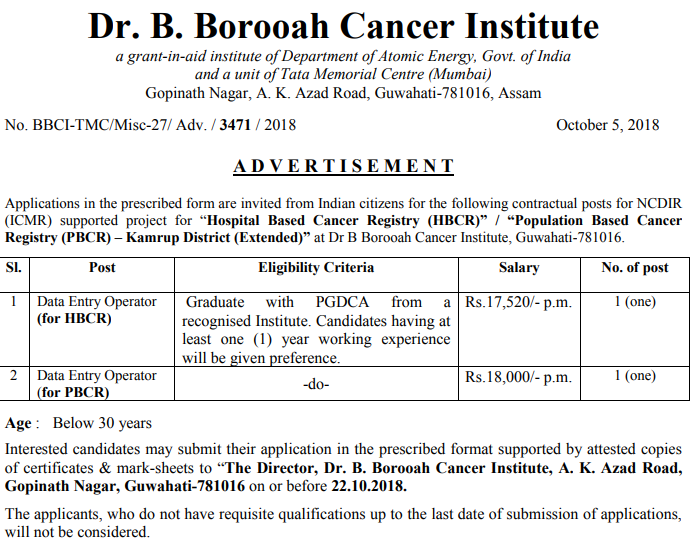 Dr B Borooah Cancer Institute Data Entry Operator Recruitment 2018