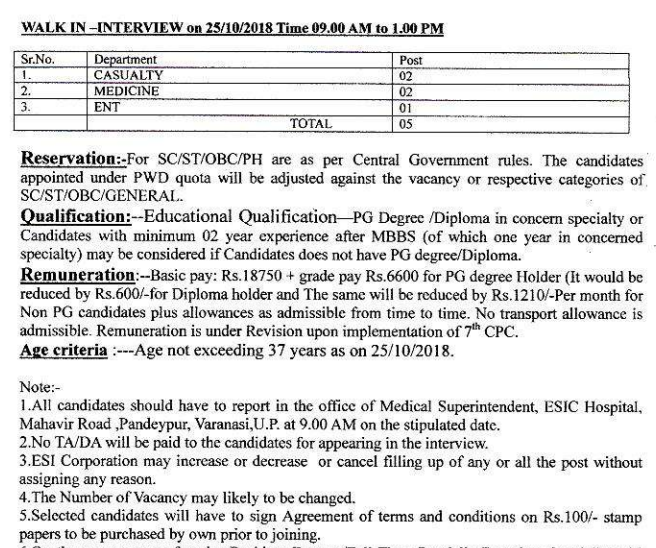 ESIC Hospital Varanasi Specialist & Sr Resident Recruitment 2018