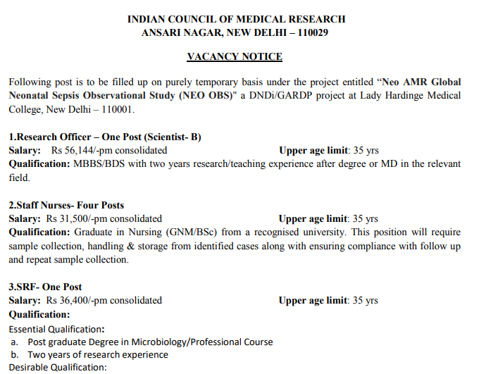 ICMR Research Officer, Staff Nurse, SRF, DEO & Lab Technical Recruitment 2018-2019