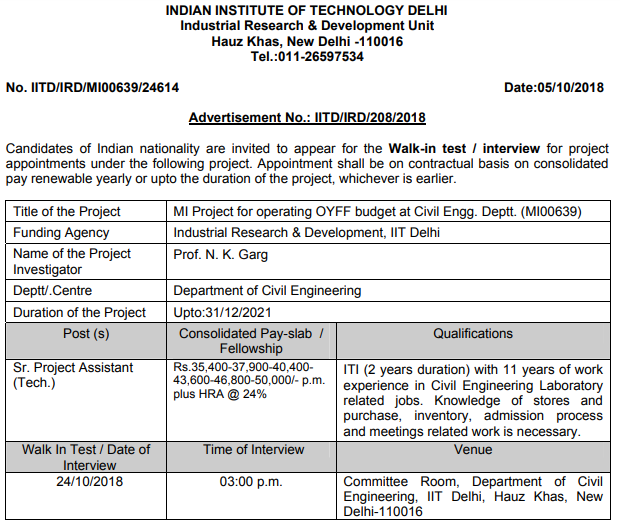 IIT Delhi Sr Project Assistant Recruitment 2018-2019: ITI Jobs Today In ...