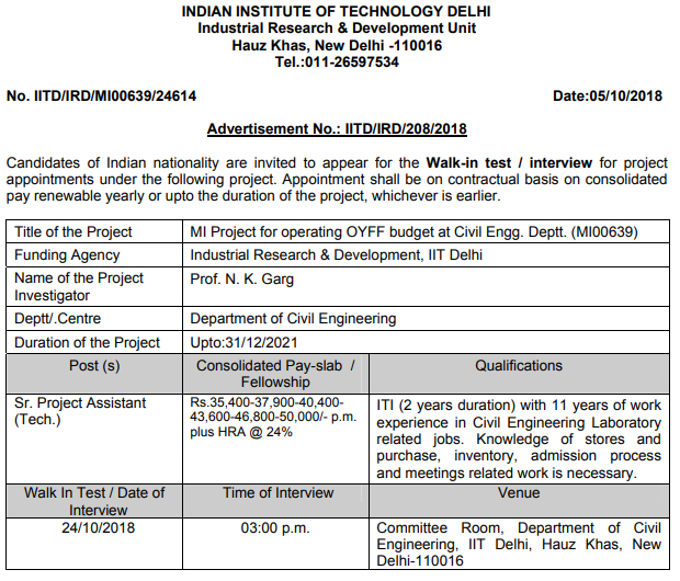 IIT Delhi Sr Project Assistant Recruitment 2018-2019