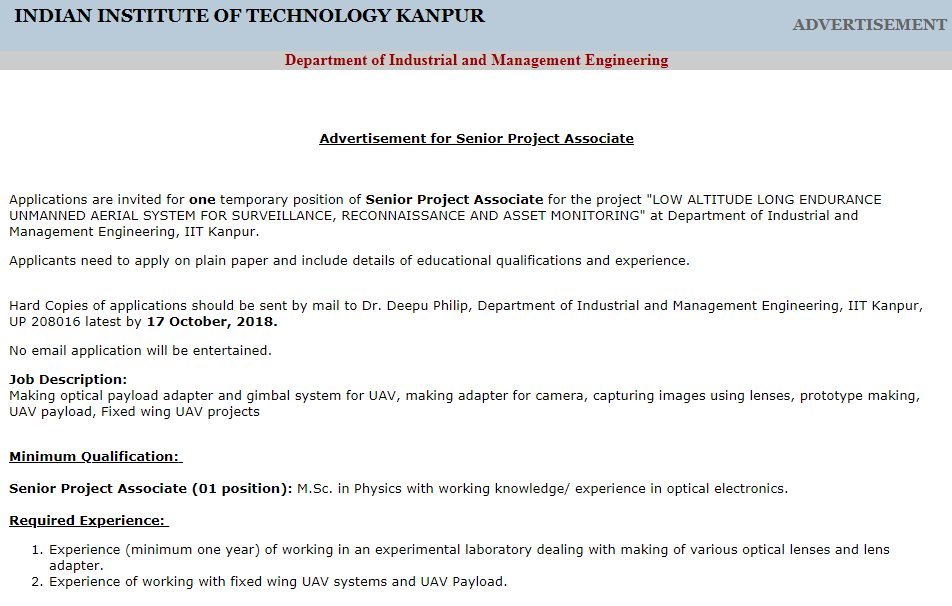 IIT Kanpur Senior Project Associate Recruitment 2018