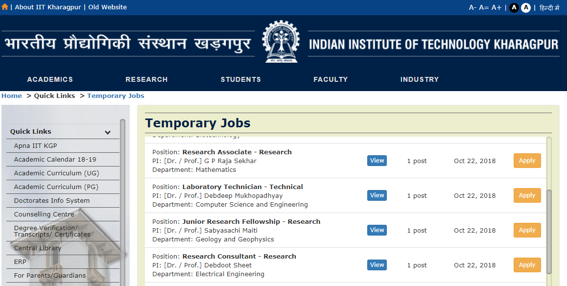 IIT Kharagpur Sr Project Scientist Recruitment 2018-2019