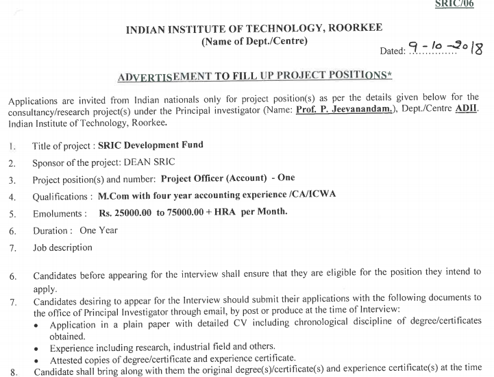 IIT Roorkee Project Officer Recruitment 2018-2019