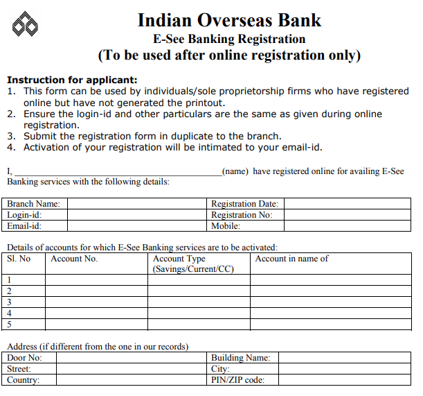 IOB Net Banking Registration Form