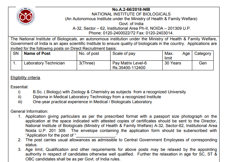 National Institute Of Biologicals Laboratory Technician Recruitment 2018