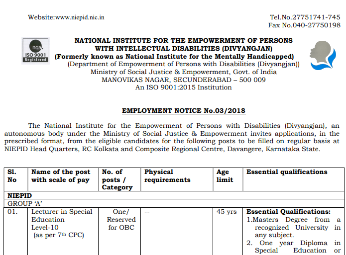 NIEPID Recruitment 2018