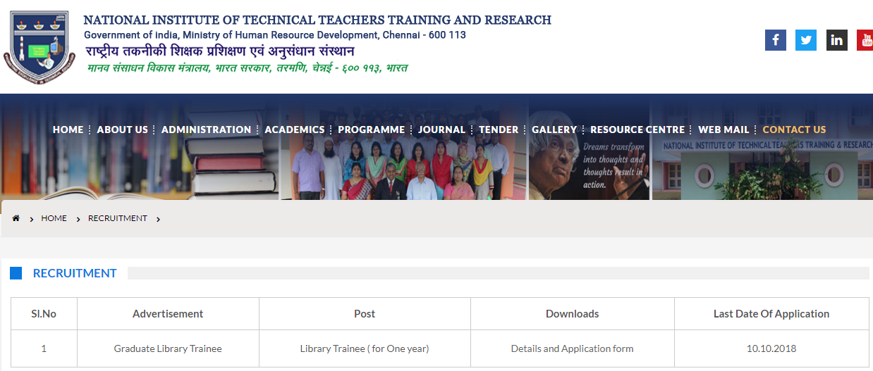 NITTTR Chennai Graduate Library Trainee Recruitment 2018