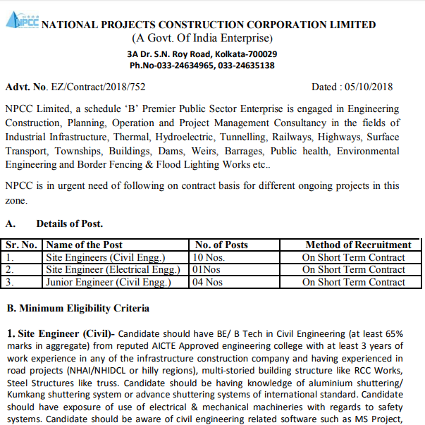 NPCC Site Engineer & Junior Engineer Recruitment 2018