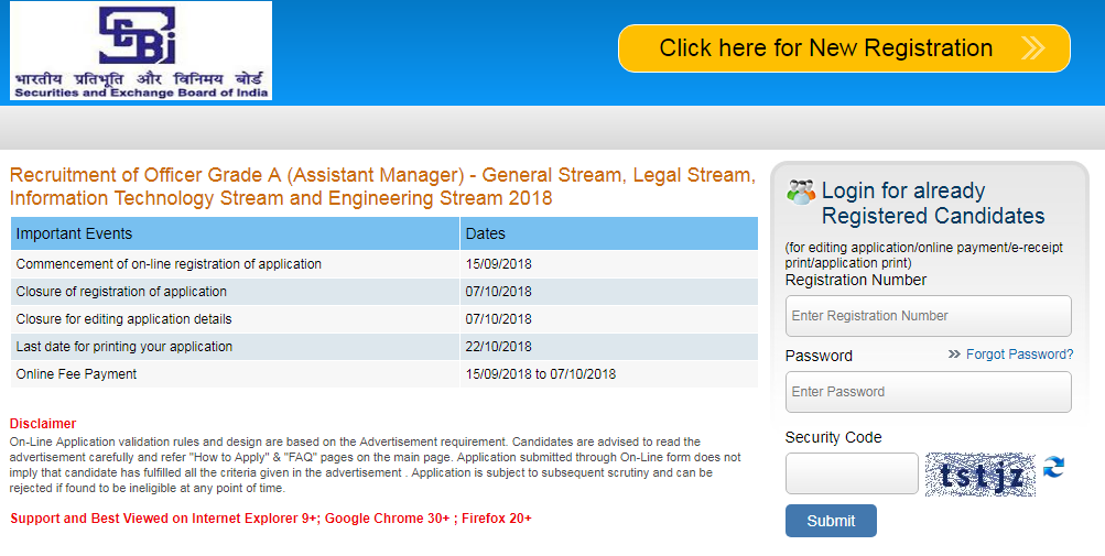 SEBI Application Form 2018-2019