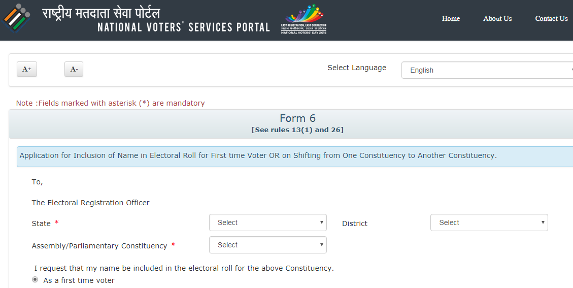 Voter ID Card Online Application Form