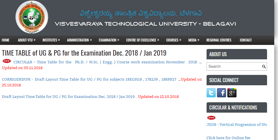 VTU Exam Time Table Dec Jan 2018-19