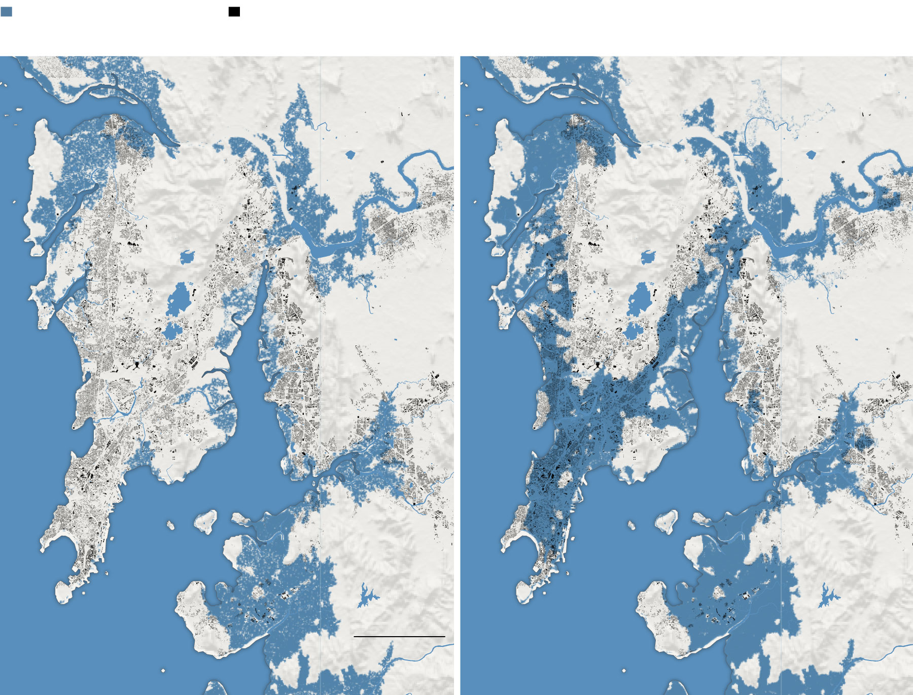 The left image shows the old projection of Mumbai in 2050, the image on the right shows the new projection of Mumbai for 2050. 