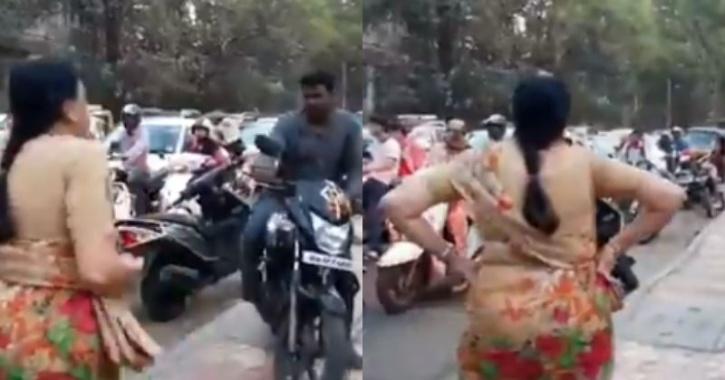 Elderly Woman in Pune Blocks Bikers From Driving On Footpath So that Pedestrians Can Walk Safely